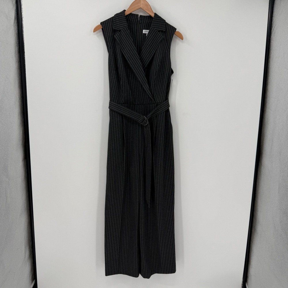 NWT Calvin Klein Pinstripe Wide Leg Belted Jumpsuit Size Women 8